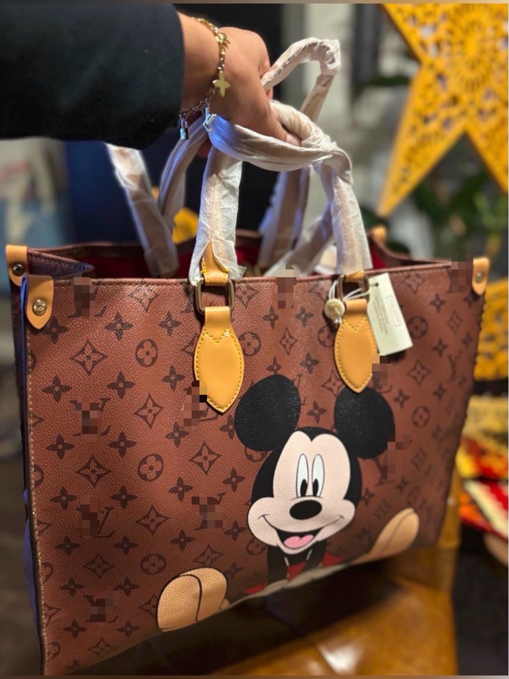 Brown Mickey-Print Tote with Yellow Trim